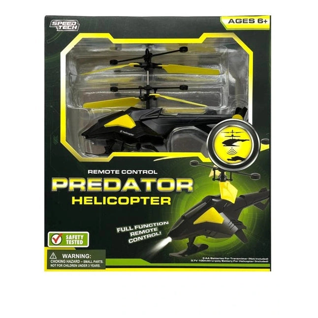 A black and yellow toy helicopter in a packaging box.